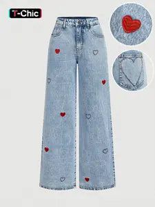 Women's 2026 New Trendy Fashion Denim Jeans, Embroidered Heart Pattern, Wide Leg Fitted Jeans, Casual Cute Streetwear All Seasons Wear, Womenswear