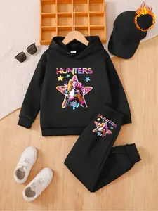 Girls Long Sleeve Witch Hunter Corps Fleece Set, Hooded Sweatshirt with Colorful Hunters Letter Print, Casual Fall & Winter