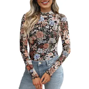 Womens Long Sleeve Mesh Top See Through Mock Neck Sheer Blouses