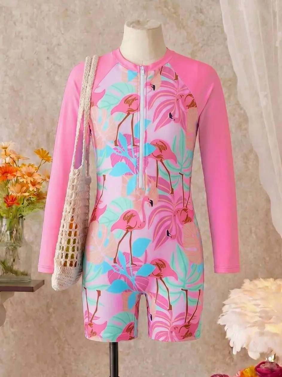 Teen Girl Floral Long Sleeve Romper Swimsuit, Pink Rashguard Full Coverage Bathing Suit for Swimming