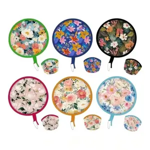 Portable Summer Handheld Folding Fan Polyester Travel Round Foldable Fan Japanese Oil Painting Mini Folding Fan Men Women