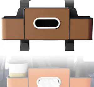 3-in-1 Car Backseat Organizer - Cars Interior Accessory with Cup Holder, Tissue Box, Trash Bin, Phone Hooks for Snacks, Drinks, Handbags (Brown)