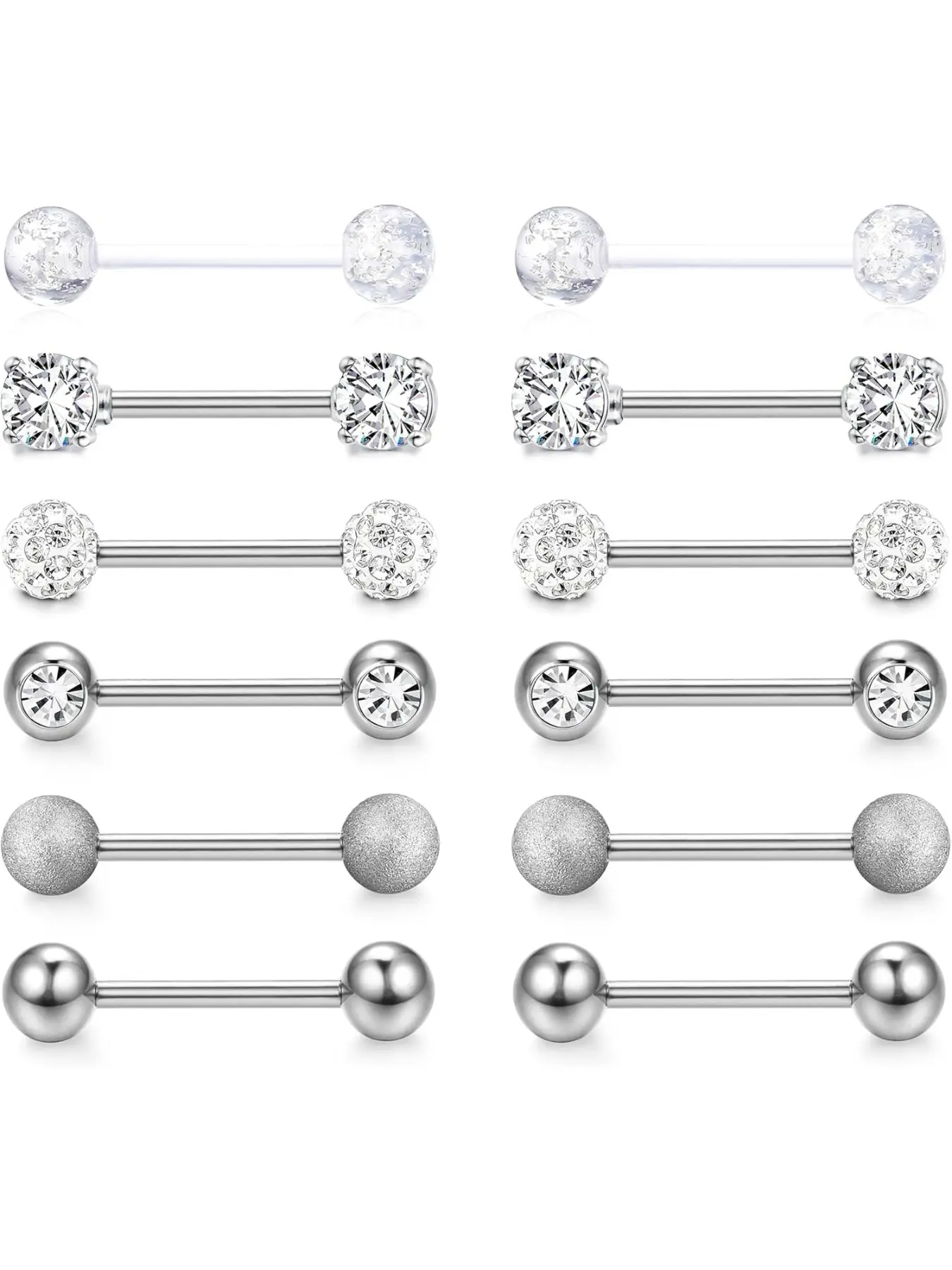 12pcs 14g Silver Color Tongue Bar, Tongue Ring, Stainless Steel Nipple Jewelry, Available in Sizes 12mm-18mm, All Season Fashion Body Jewelry, Body Piercing Accessories