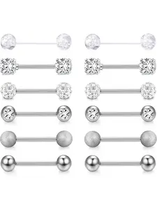 12pcs 14g Silver Color Tongue Bar, Tongue Ring, Stainless Steel Nipple Jewelry, Available in Sizes 12mm-18mm, All Season Fashion Body Jewelry, Body Piercing Accessories