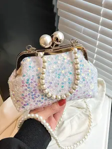 Niche design sequined pearl handbag, fashionable evening bag, textured chain crossbody bag, a good dating companion, sweet, exquisite and eye-catching style, suitable for shopping, dating, afternoon tea, etc., Casual Trendy Purse, Handbag Sling Bag