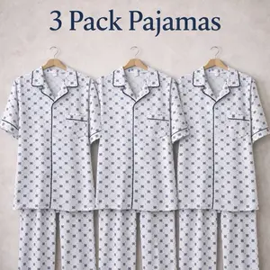 Men’s Pajama Set Bundle – 3 Pack Short Sleeve Tops & Long Pants Sleepwear Set Loungewear Menswear Breathable Matching Homewear Pjs
