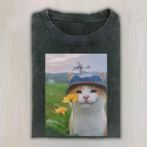 Cute Cottagecore Cat With Flower T-Shirt, Aesthetic Orange Kitten In Blue Cap Holding Yellow Daisy Soft Vintage Vibes Meme Shirt For Cat Lovers, Unisex Cotton Crewneck T-Shirt Menswear Womenswear Streetwear Top