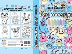 Cute Monsters Bold and Easy Coloring Kit with Markers - 24 Big Vibrant Pages for All Ages - Perfect Gift for Colorists