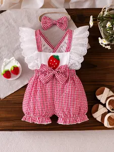 Girls' Cute Strawberry Embroidery Plaid Ruffle Sleeve Backless Romper Set, Includes Large Bow Headband, Farmhouse Style