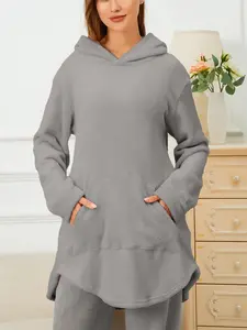 Women's Plain Drop Shoulder Pocket Plush Hoodie, Casual Asymmetrical Hem Long Sleeve Hooded Sweatshirt for Daily Wear, Ladies Clothes for All Seasons