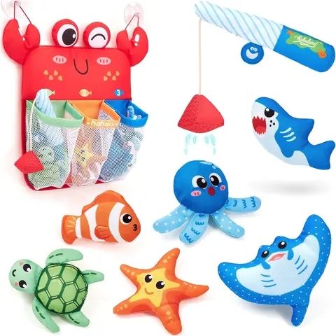 hahaland Bath Toys 8-Piece Set - Montessori Fishing Game with 6 Colorful Sea Creatures, Crab Storage Bag with Suction, Anti-Mold Quick-Dry Infant Bathtoys for 1-3 yrs, Safe Magnetic Fishing Gift