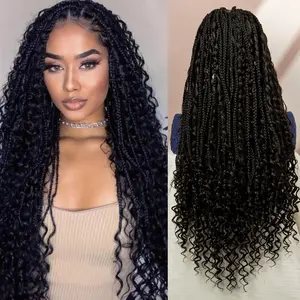 Boho Knotless Braided Wigs for Black Women Bohemian Box Braided Wigs Double Full Lace Braided Wigs with Baby Hair Synthetic Boho Braid Wig Natural Black 32Inch