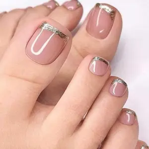 Press on Toenails French Tips Fake Toe Nails Pink False Toenails Glossy Full Cover Acrylic Glue on Toenails with Designs Glitter Toe Press on Nails Artificial Stick on Toenails for Women Manicure