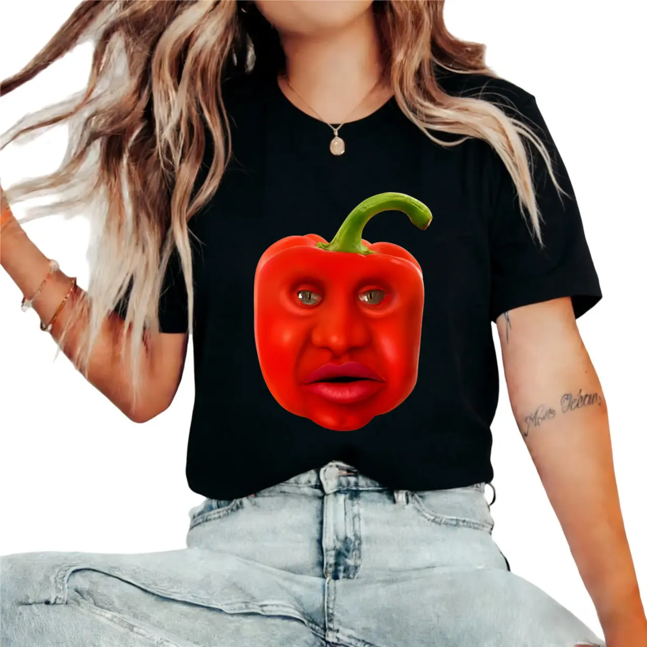Men's Women Funny Red Pepper Meme Graphic T-Shirt, Casual Relaxed Fit Crewneck in Thick Breathable 100% Cotton Everyday Fabric