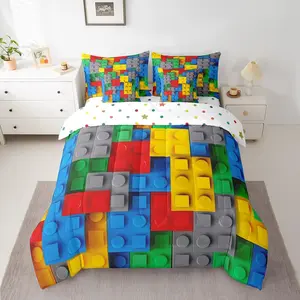 Feelyou 7-Piece 3D Building Blocks Microfiber Bed-in-a-Bag Bedding Set, Multi-Color Construction Themed Comforter Set with Gradient Rainbow Bricks Sheets, Ultra-Soft Breathable Blanket