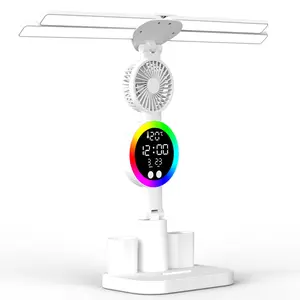 4 Head Desk Lamp Reading Light with Fan, Rechargeable Table Lamp for Study, Clock Fan Night Light, 3-Speed Dimming, USB Powered, Eye-protection Dimming Desk Lamp for Students