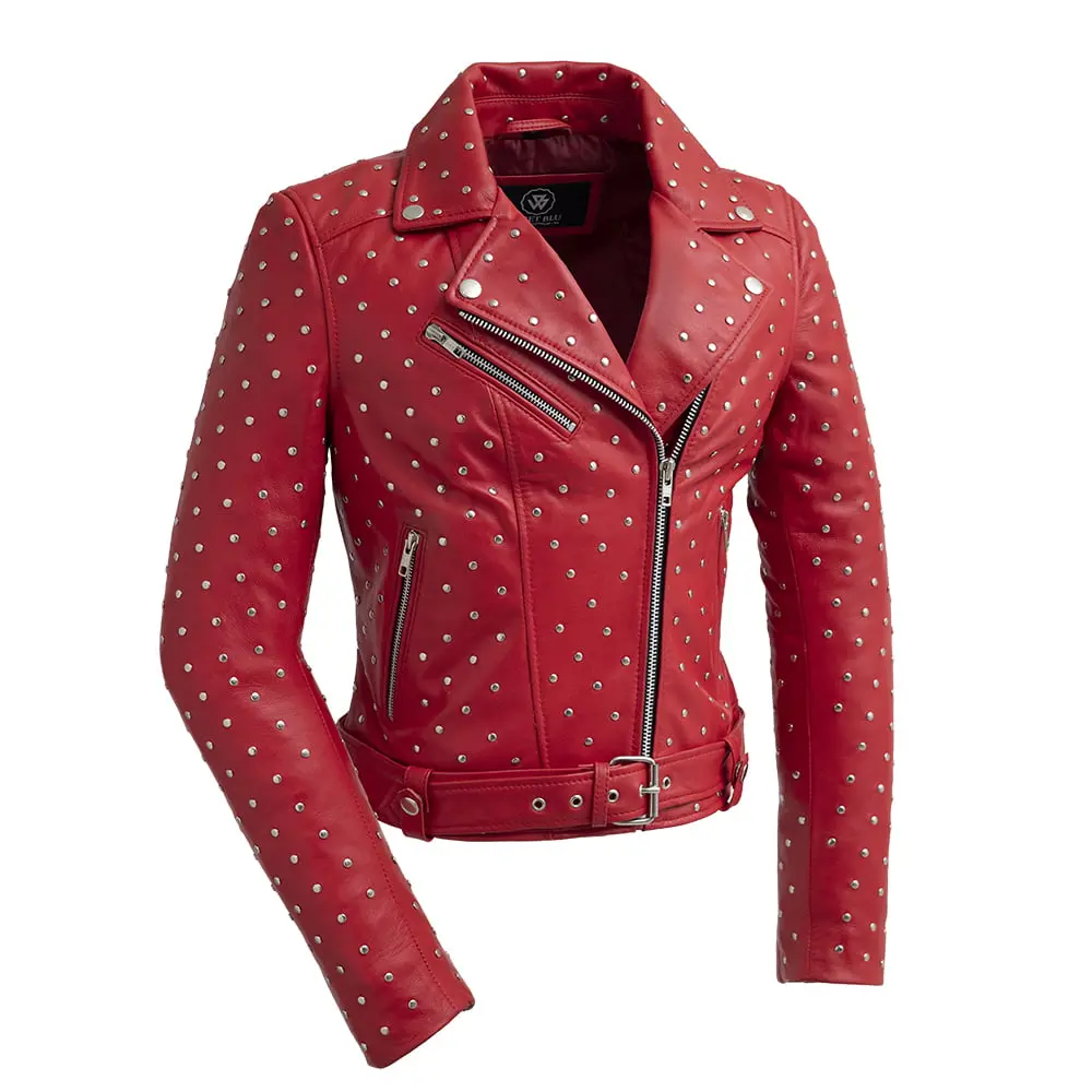 FM Women's Red Lambskin Leather Asymmetrical Studded Leather Biker Jacket