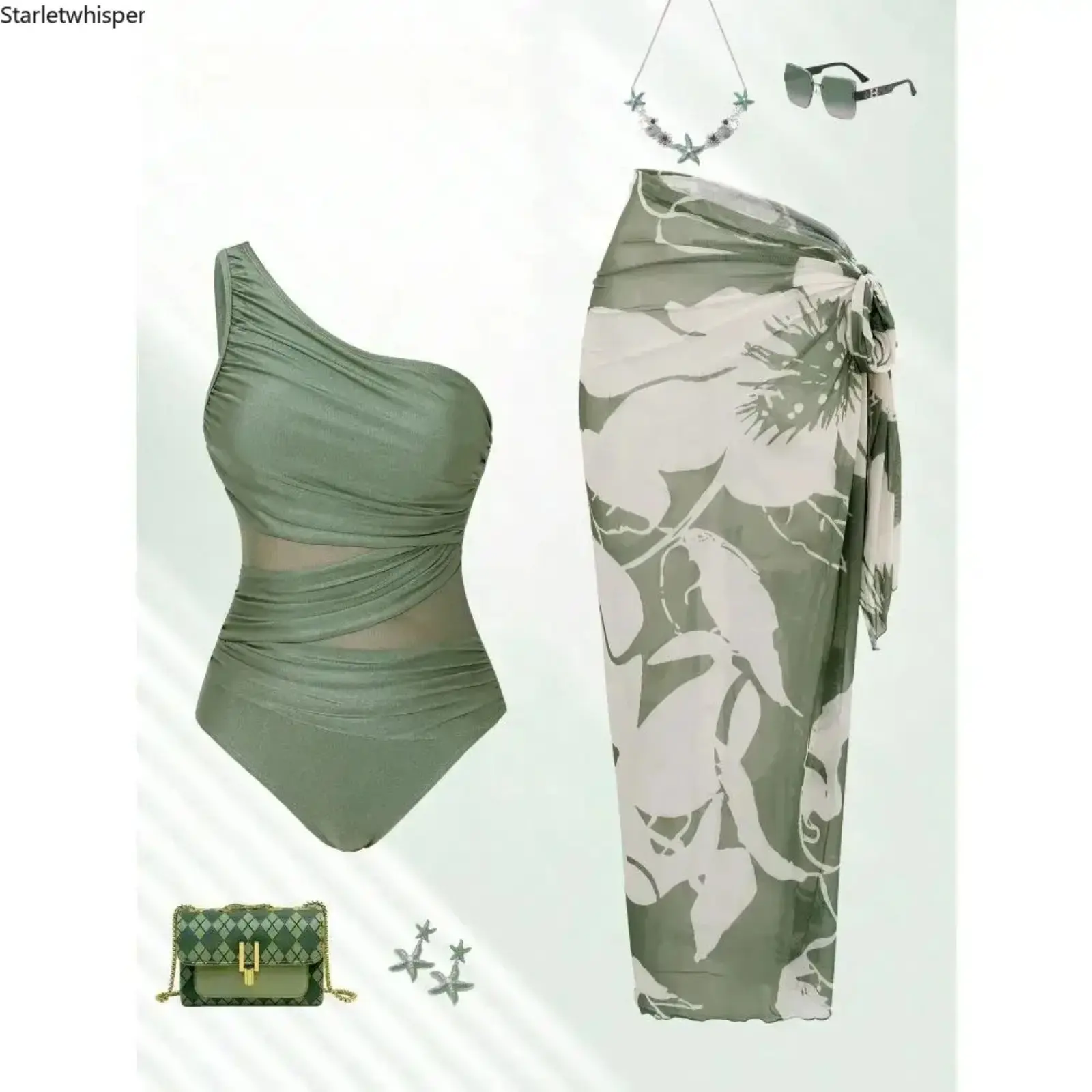 Vintage Asymmetric Neck One Piece Swimsuit, Sage Green Tummy Control Bathing Suit, Mesh Full Cup Pleated Skirt Design, Modest Stylish Swimwear for Beach Vacation and Pool Party Wear