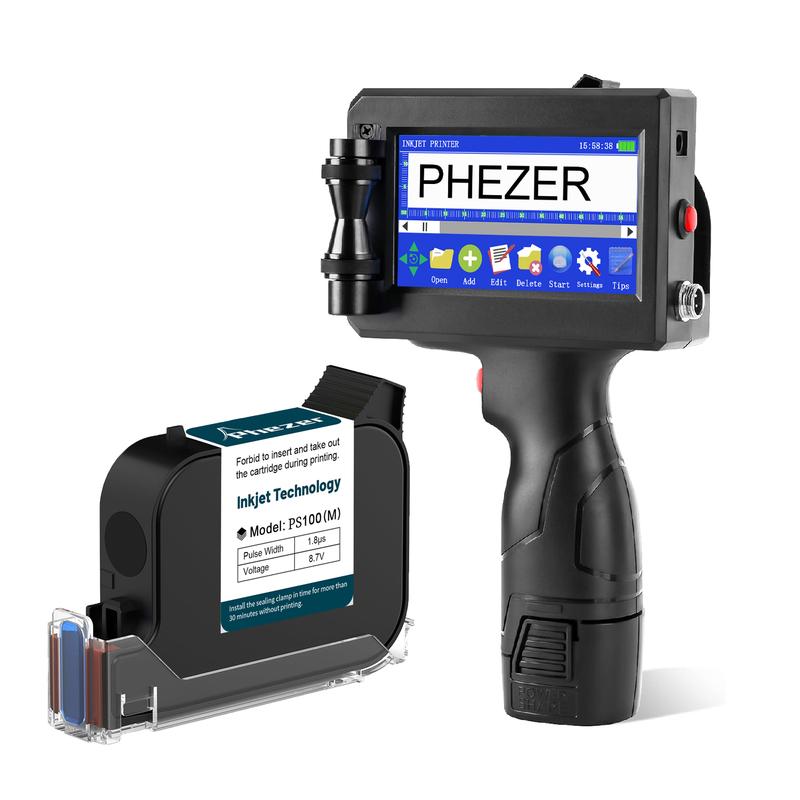 Phezer P15 Smart Touchscreen Handheld Inkjet Coder | High Adhesion PS100 Black Ink (0.5 Inch/12.7mm) | 600DPI Portable Printer for Metal, Glass, Plastic. Prints Date, Batch Code, QR, and Barcode Cloth Printing