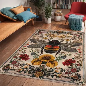 Vintage Bee & Flower Pattern, Non-slip Washable Floor Mat, Decorative Carpet for Home Living Room Bedroom Study Room, Botanical Area Rugs