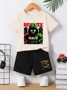 Boys' Trendy Short Sleeve T-Shirt and Shorts Set, Cartoon Print, Soft Breathable Fabric, Perfect for Summer Activities