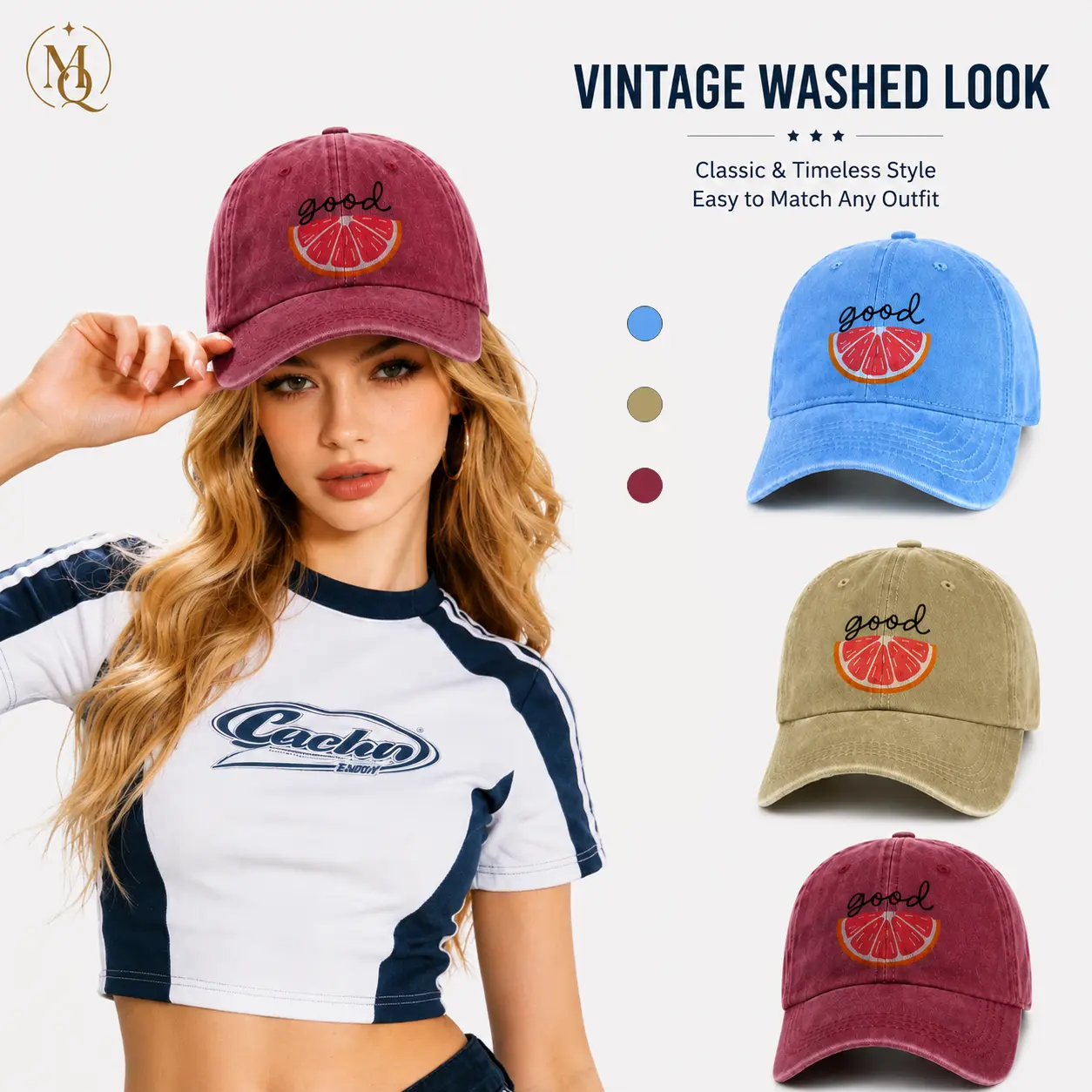 Cute Style Dad Hat with "Good Vibes" Grapefruit Graphic Front, Vintage Washable Cotton Baseball Cap for Women & Men, Adjustable with Curved Brim, Cute Style Hats, Washable Hats