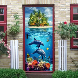 2pcs Tropical Island Dolphin Wall Stickers Ocean Theme Decorative Murals Self Adhesive Removable Waterproof Vinyl Art for Living Room Bedroom Kids Room Bathroom Home Decoration Supplies  Collage Self-A