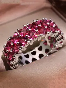 Hot Pink Heart Design Infinity Band Ring, Bride Engagement Ring, Beautiful Birthday Anniversary Gift, Synthetic Zirconia Inlay Jewelry, Heart Cluster Ring