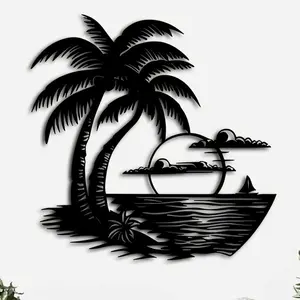 Palm Tree & Sunset Beach Pattern Metal Wall Art, Modern Metal Wall Decor, Aesthetic Design, Wall Hanging Decor for Home Living Room Bedroom Study Room