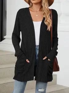 Elegant Plus Size Knit Cardigan Jacket for Women, Fall Winter Fashion Comfortable Elastic Long Sleeve Coat with 2 Pockets