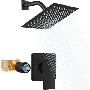 Shower Faucet Set with Valve, Bathroom Rainfall Shower System, Wall Mount Single Handle Shower Trim Kit, Rainfall Fixed Shower , 8 Inch Square Shower , Matte Black