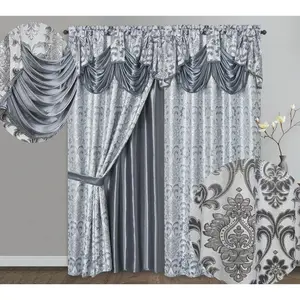 Samba . Jacquard Window Curtain Panel Drape with Attached Fancy Valance and Taffeta Backing. 2 count Set. Each pc 54" Wide x 90" Drop with 18" Valance. (Grey)