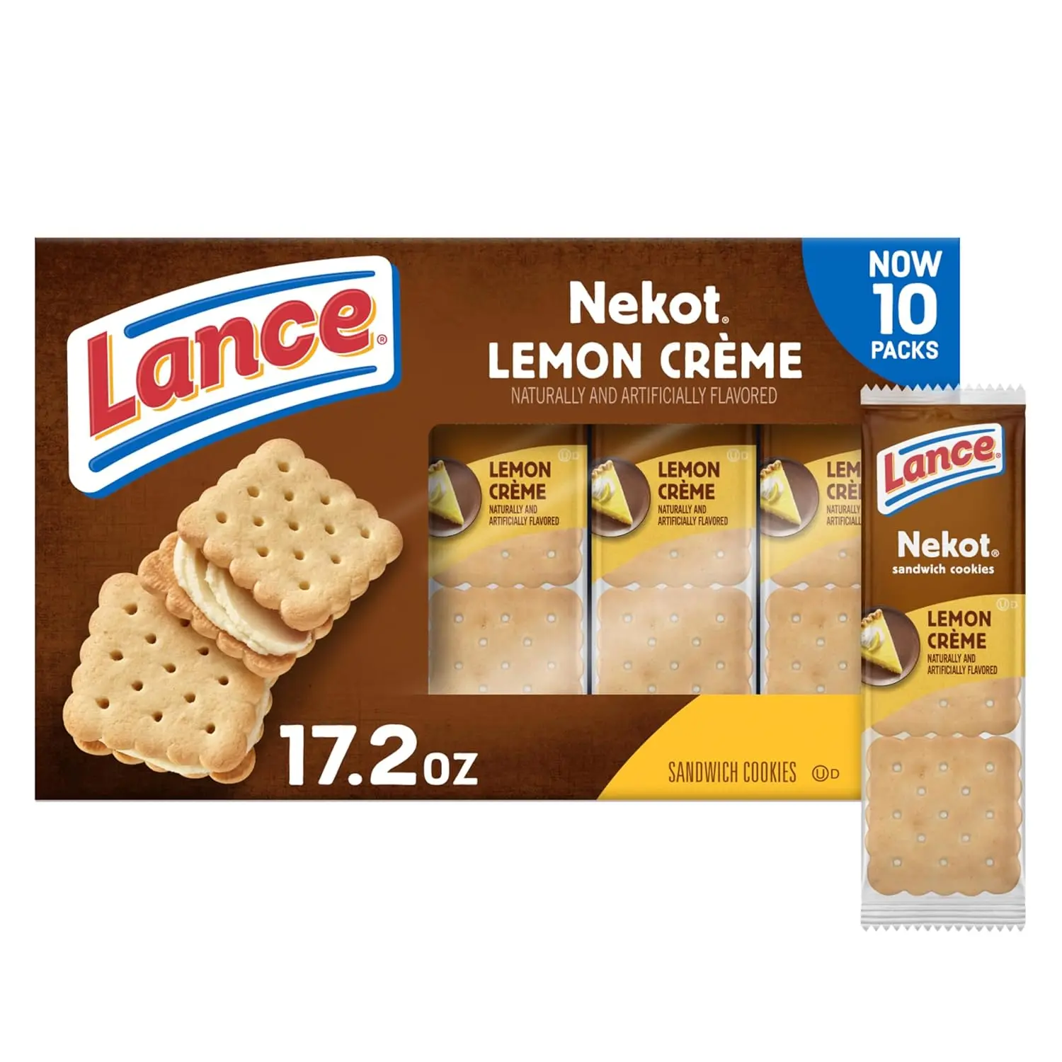Sandwich Cookies, Nekot Lemon Creme, 10 Individually Wrapped Packs, 6 Sandwiches Each
