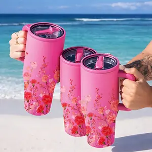 AuraCup 1pc 40oz Insulated Tumbler with Lid and Straw, Pink Floral Cherry Blossom Stainless Steel Travel Cup, Large Handle Water Bottle for Iced Coffee Tea Drinks, Double Wall Vacuum Keeps Cold 12 Hours Hot 6 Hours, Gift for Women, Coffee Cups Tea Set, Va