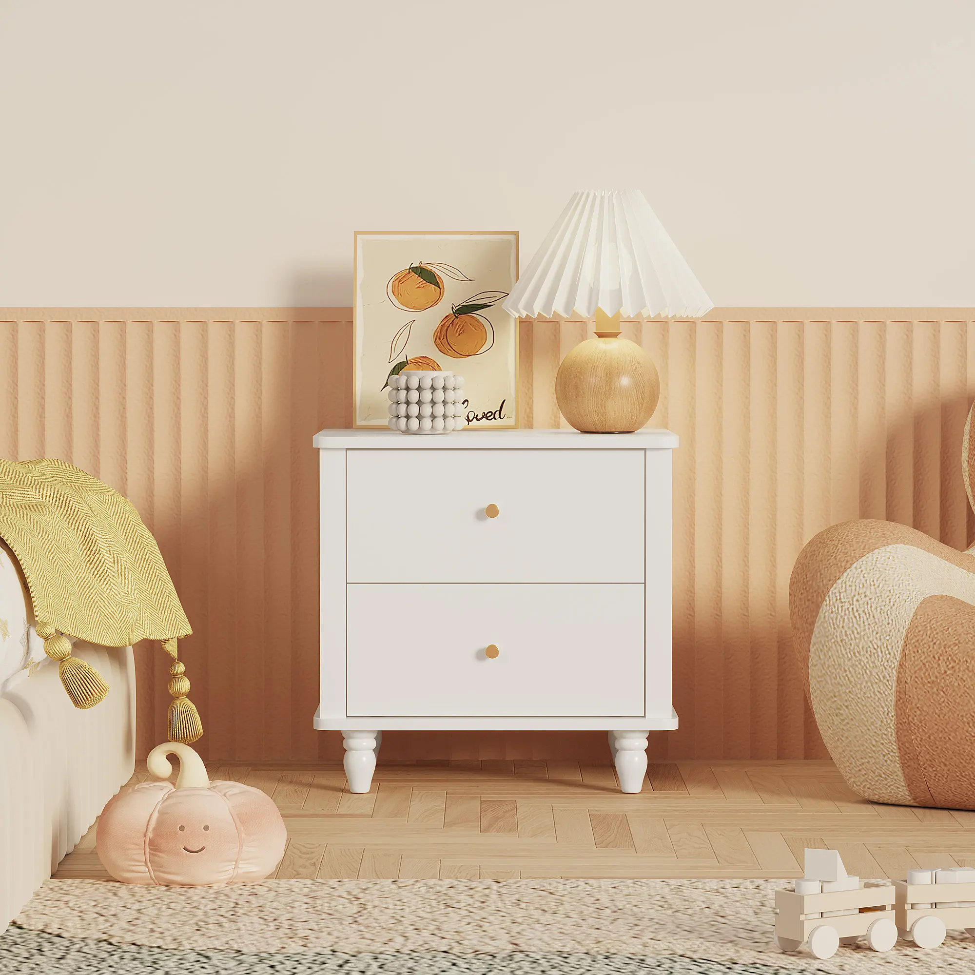 Modern 2-Drawer Nightstand, MDF Wooden Bedside Table with Round Knobs, Small Bedside Cabinet End Table for Bedroom, Living Room, Kids Room, White