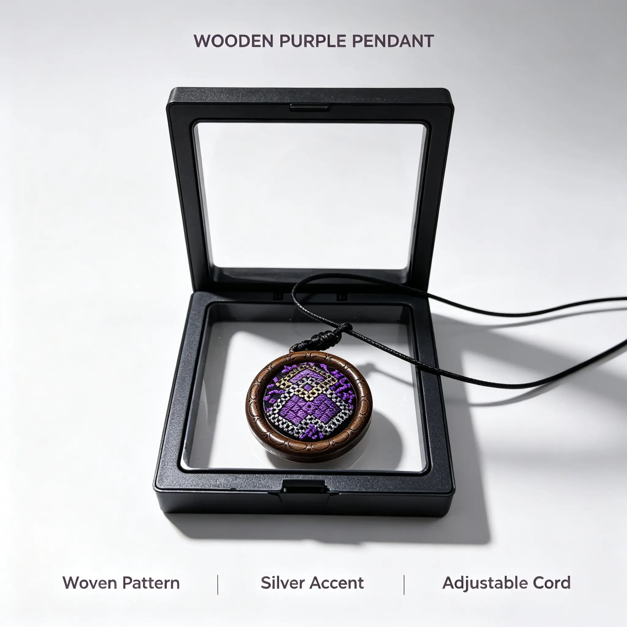 Authentic Handmade Miao Tin Embroidery Necklace, Round Carved Wood Frame Purple Weave Pendant with Silver Thread Detail, Adjustable Knot Cord Boho Folk Art Jewelry, Unique Cultural Gift for Women Daily & Special Occasions