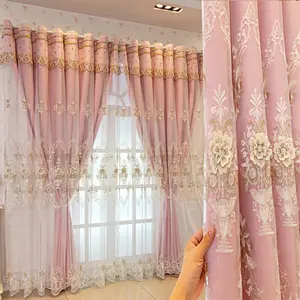 1pc Home Decoration Curtain Finished Double Layer Cloth Lace Tree Embroidery Window Shade Simple Pure Color Nordic Style Full Sun Blocking Bedroom Blind