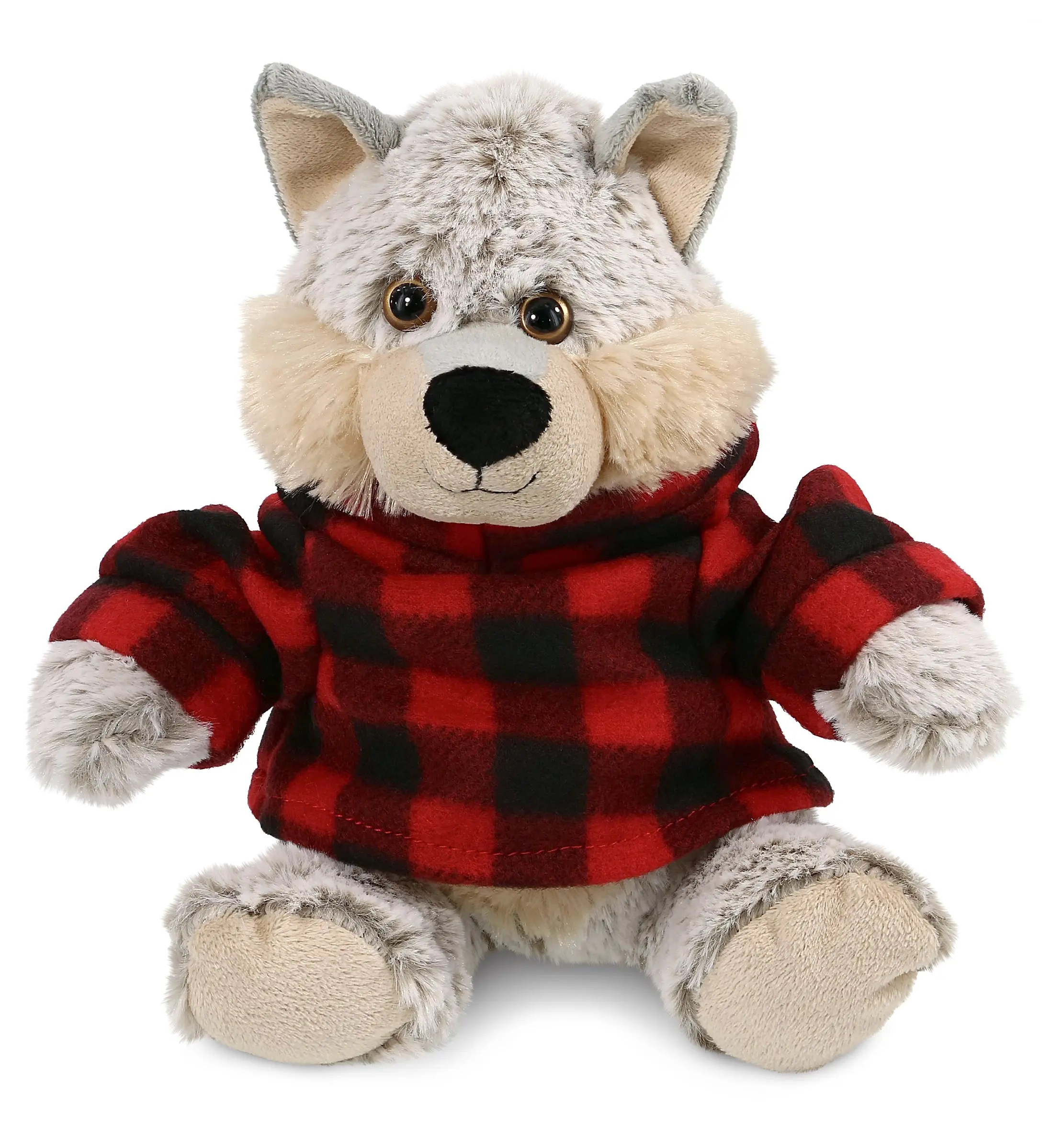 DOLLIBU Super Soft Sitting Wolf Stuffed Toy - 100% Polyester, Red Flannel Plaid, 7.5in L x 6in W x 9in H, Wildlife Decor, Unisex Kids' Gift, Plaid Hoodie Accent, House Decoration Collectible