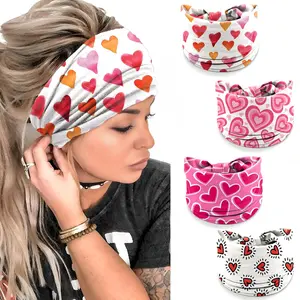 Women's 4-Pcs Heart Print Wide Turban Headbands, Elastic Non-Slip Fabric Headbands for Sport & Party Use, Stretchy Hair Accessories for Yoga Running, Elastic Headbands