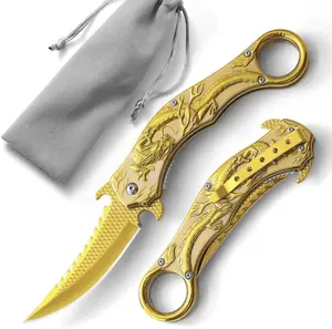 Pocket Knife,3.5" Cool Folding Knife with 3D Dragon Retro Embossed Pattern,EDC Knife with Pocket Clip and Liner Lock,Knife Gifts For Men Women,Sharp Camping Survival Hiking Knives (Gold)