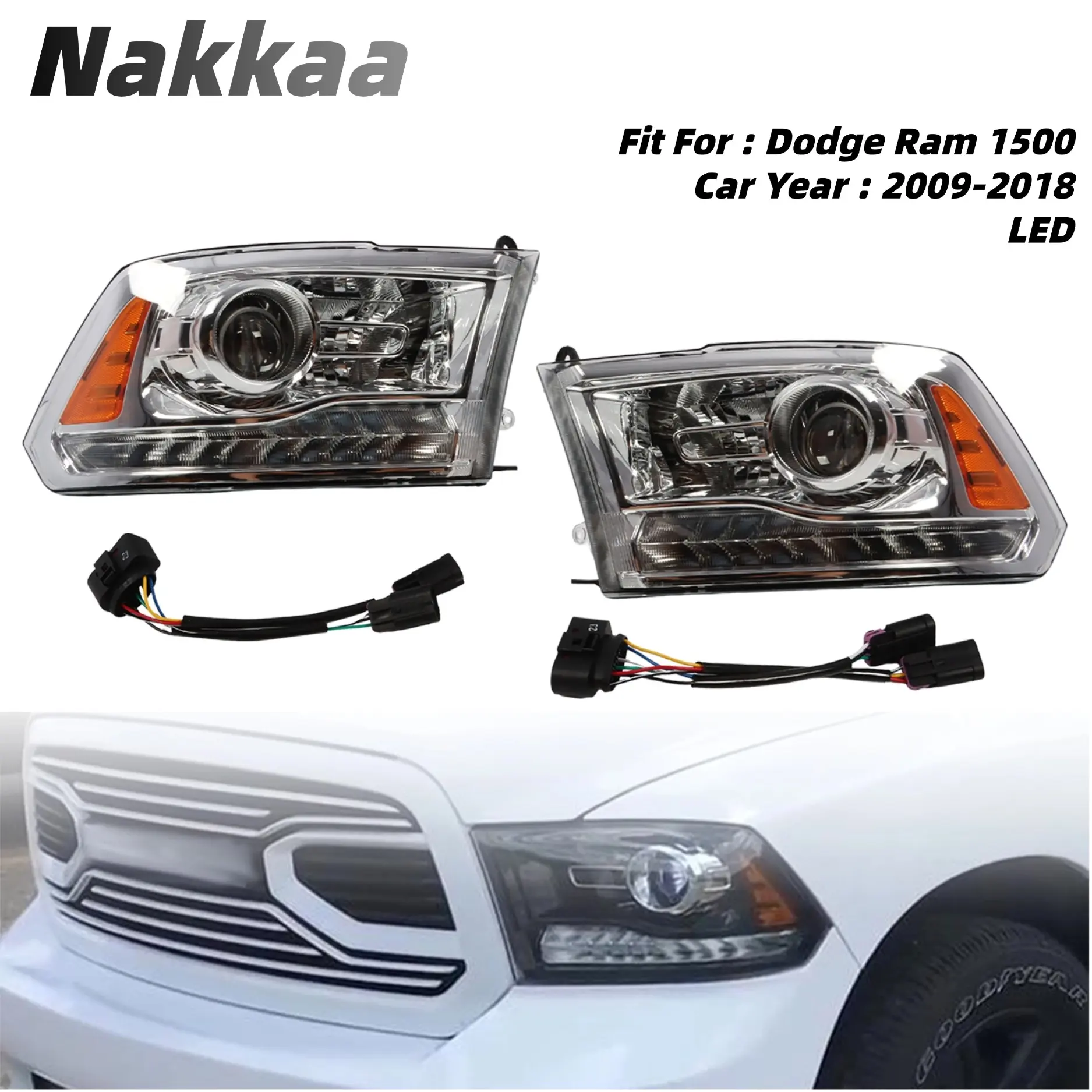 Nakkaa Fit For 2009-2018 Dodge Ram 1500/2500/3500 LED DRL Projector Headlights Headlamps, Black & Chrome ,Left & Right 1Pair 2Pcs