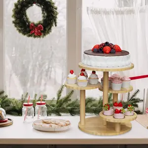 4-Tier Wooden Cupcake Stand, Round Dessert Tower Display Holder, Holds 30 Cupcakes, Premium Serving Tray for Birthday Wedding Christmas Party Decor, Natural Wood
