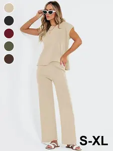 Women's Summer Casual Homewear Loungewear Set, 2-Piece Basic Fashion Minimalist Plain Color Simple Shoulder Strap Round Neck Top and Straight Leg Pants Outfit Womenswear