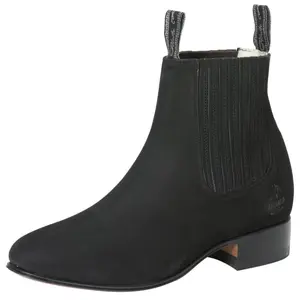 Botines Charros de Piel Original Punta Oval Color Negro Gamuza - El Canelo