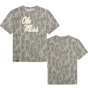 White OLE MISS Designed On Original Bottomland Pattern Tshirt, Mossy Oak OLE MISS  Bottomland Camouflage Camo Tee