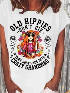 Women's Casual T-Shirt - 'Old Hippies Are Not Dead' White Tee with Floral & Peace Sign, Machine Washable, Hippie Clothing Cotton Top