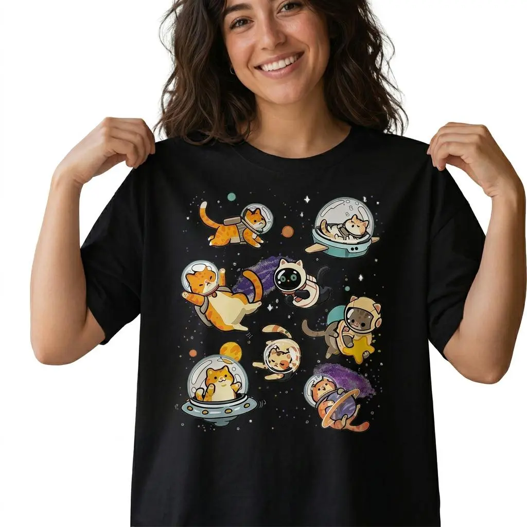 Cute Space Cats Shirt Women Astronaut Kitty Graphic Tee Plus Size