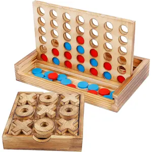 X-ITC46 Tic Tac Toe & 4 in a Row Table Games Set - Rustic Decor Wood Strategy Board Games for Families