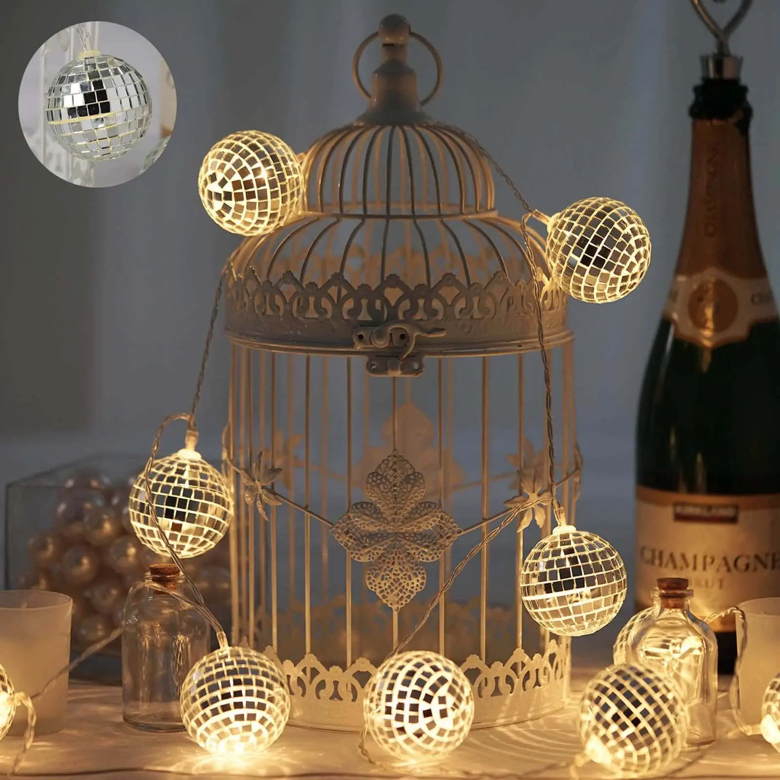 Glam 10 LED String Light Garland - Silver Disco Mirror Ball, Warm White Glowing Lights, Battery Operated, 6ft Party Lighting Decoration for Home/Festive Use, Artificial Christmas Tree Decor