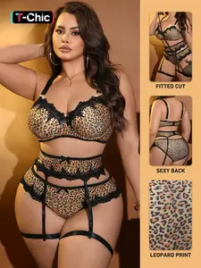 Valentine's Day Plus Size Leopard Print Women's Sexy Fitted Lingerie Set, Classic Underwire Bra, Garter Belt, Panties, Thigh Rings, 5 Piece Underwear Sets